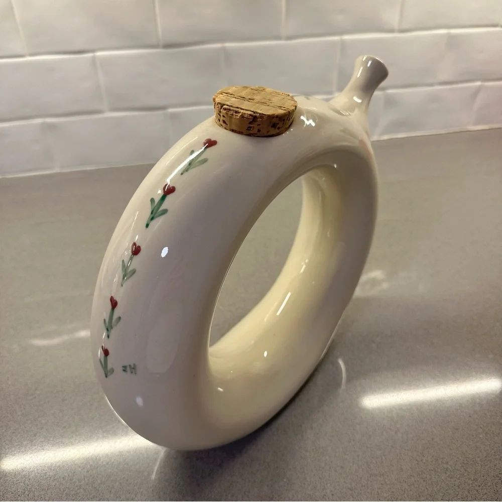 VTG Hartstone USA Hand Painted Pottery Corked Wine Decanter Heart Flower Design